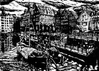 L&uuml;neburg Boote am Stintmarkt, limitierter Druck, original Linolschnitt